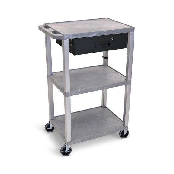Luxor Tuffy 42" H Three-Shelf Multi-Purpose Utility Cart with Locking Drawer, 24" W x 18" D, Gray Shelves/Nickel Legs