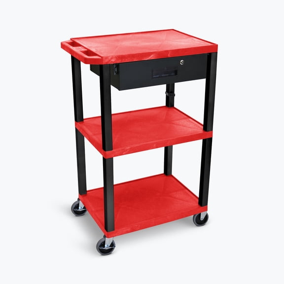 Luxor Tuffy 42" H Three-Shelf Multi-Purpose Utility Cart with Locking Drawer and Electric, 24" W x 18" D, Red Shelves/Black Legs