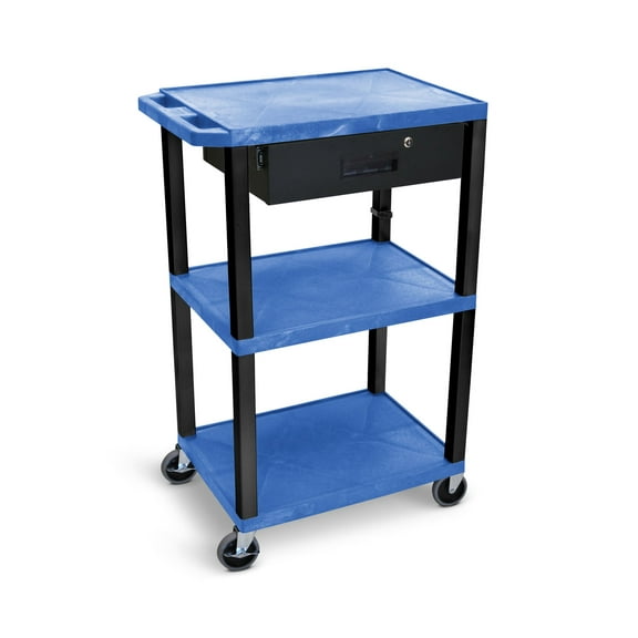 Luxor Tuffy 42"H 3-Shelf Utility Cart with Drawer, Blue Shelves, Black Legs