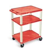 Luxor 18" x 24" x 34" Tuffy Three Shelf Flat Utility Cart With Staggered Shelf Height And Electrical - Red With Putty Legs
