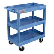 Luxor Tuffy XL Three-Tier Multi-Purpose Utility Cart with Heavy-Duty 5" Casters, 32" W x 18" D, Blue, Tub Shelves