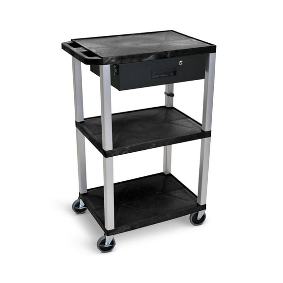 Luxor Tuffy 42" H Three-Shelf Multi-Purpose Utility Cart with Locking Drawer, 24" W x 18" D, Black Shelves/Putty Legs