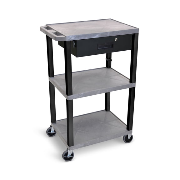 Luxor Tuffy 42" H Three-Shelf Multi-Purpose Utility Cart with Locking Drawer and Electric, 24" W x 18" D, Gray Shelves/Black Legs