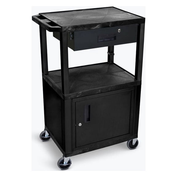 Luxor 42"H AV Cart - 3 Shelves, Cab, Drawer - Black