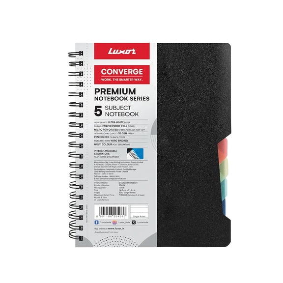 Luxor 5 Subject Single Ruled Notebook - A5 Size, 300 Pages, 70 GSM