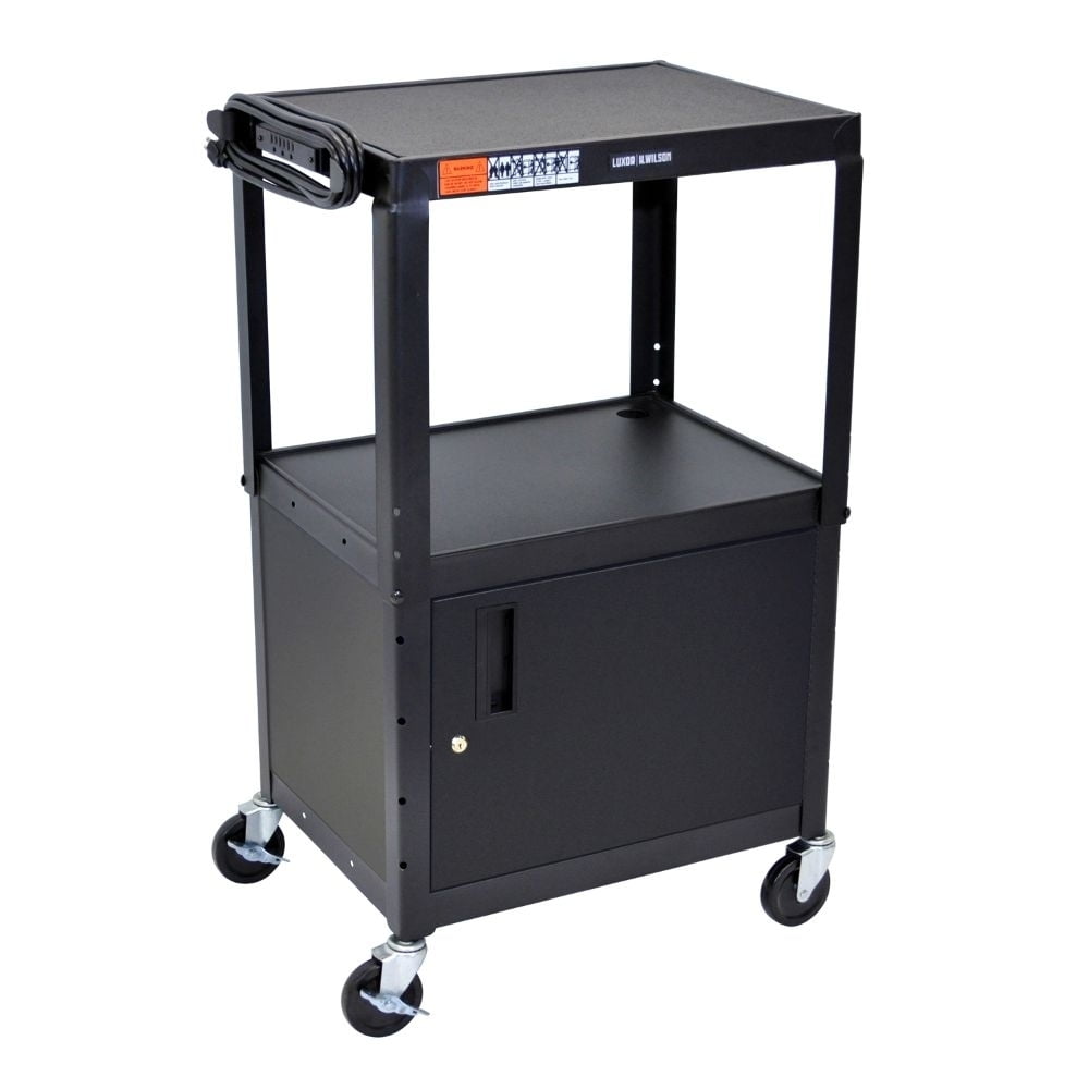Adjustable Black Steel AV Utility Cart with Locking Cabinet