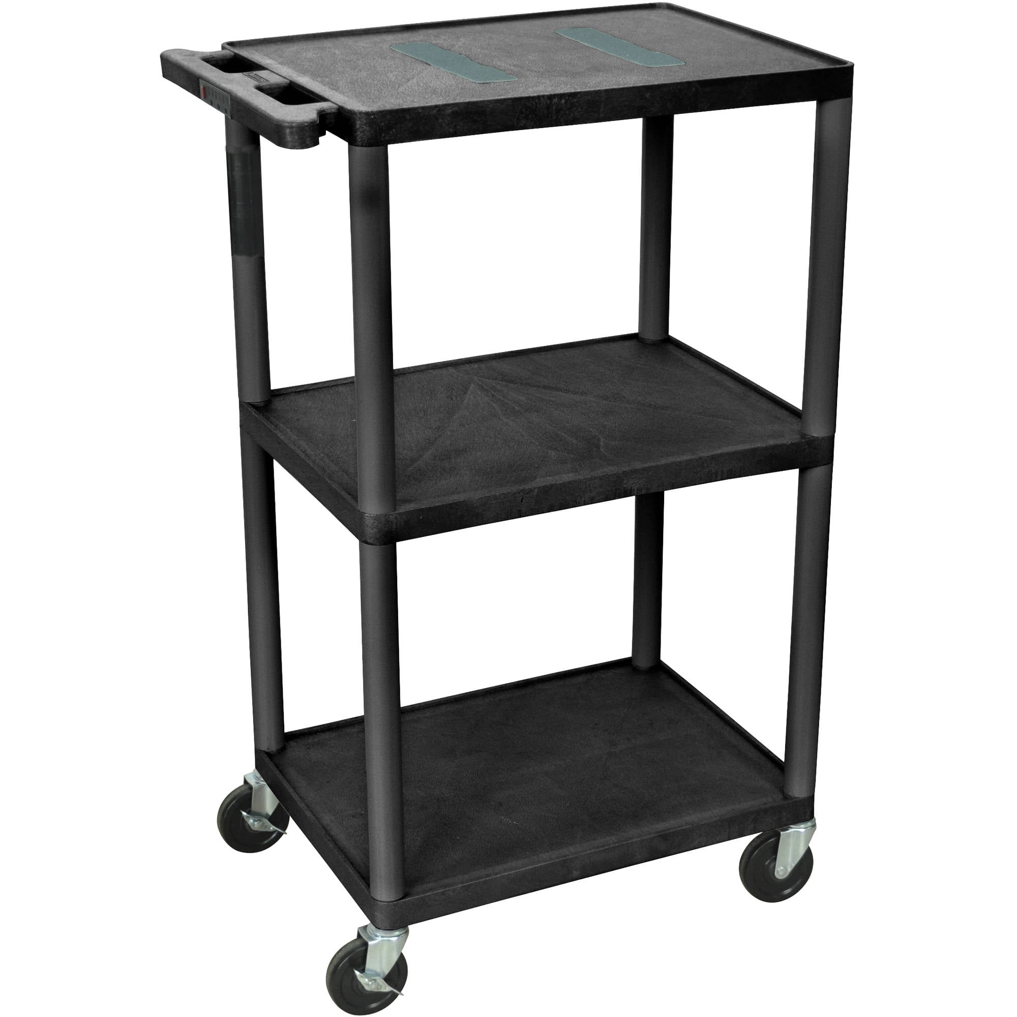 Luxor Black 42" 3-Shelf Plastic AV Cart with Outlets