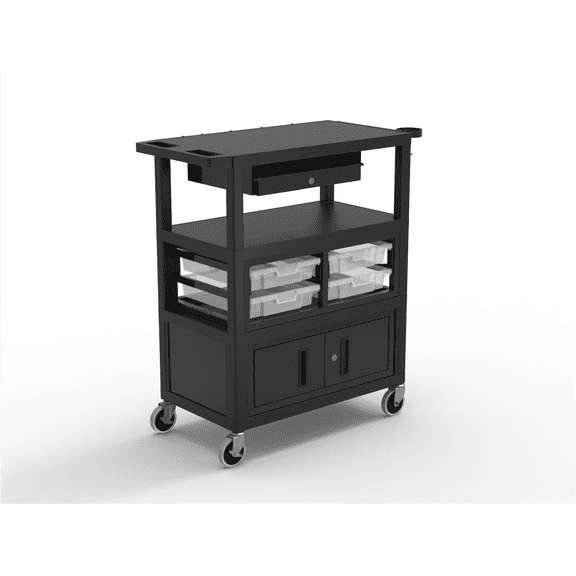 LUXOR ECMBSKBC-B 32" x 18" Deluxe Teacher Cart with Locking Cabinet Storage Bins Keyboard Tray Pocket Chart Hooks and Cup Holder
