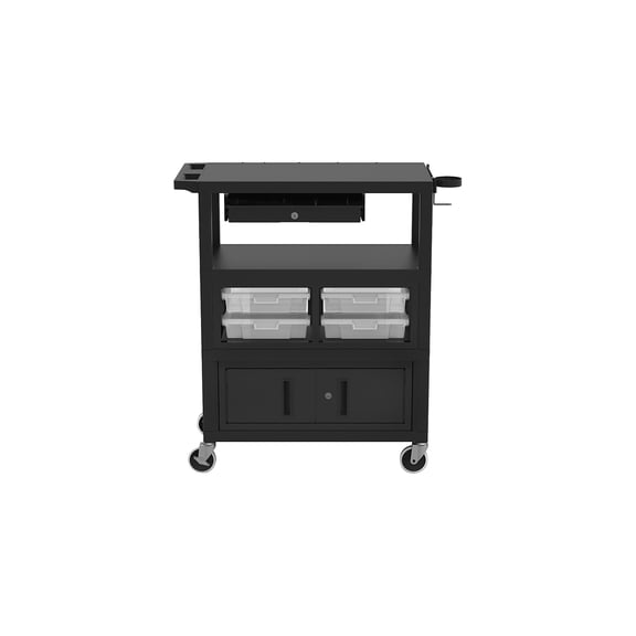 LUXOR ECMBSKBC-B 32" x 18" Deluxe Teacher Cart with Locking Cabinet Storage Bins Keyboard Tray Pocket Chart Hooks and Cup Holder