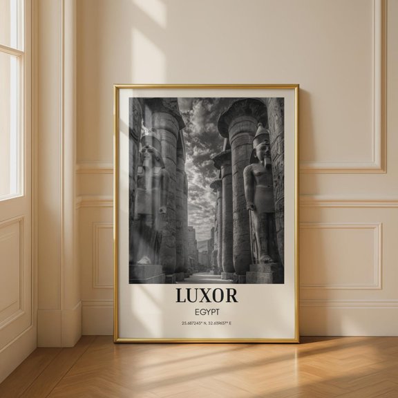 Luxor Egypt Travel Black And White Ancient Temple Print Egyptian Wall Art Pharaoh Statues Gallery Wall Decor, Unframed Paper Print