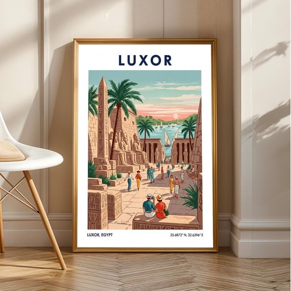 Luxor Egyptian Temples Print: Vintage Gouache Travel Art, Unframed Poster Size 12x18