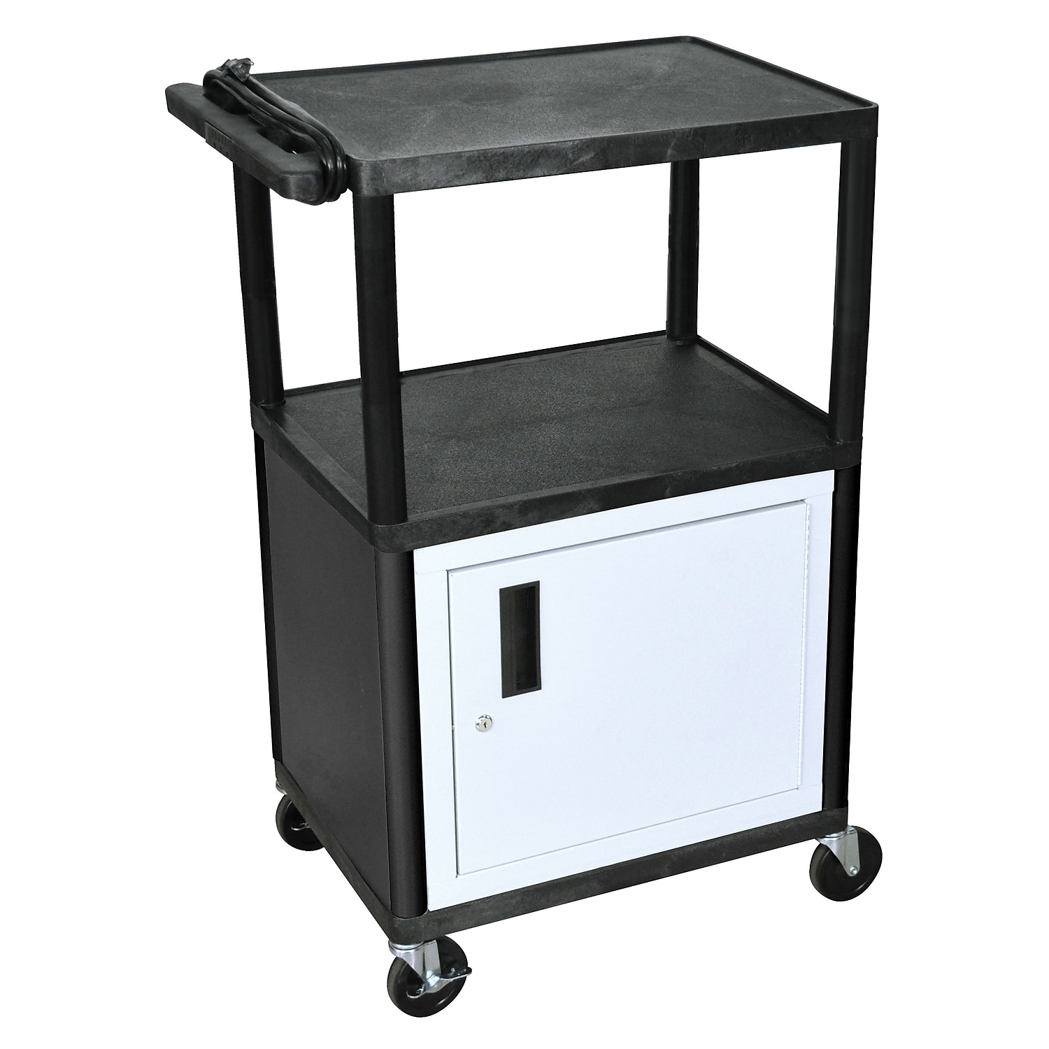Luxor Endura Black 3 Shelf Presentation Cart W Cabinet 42H