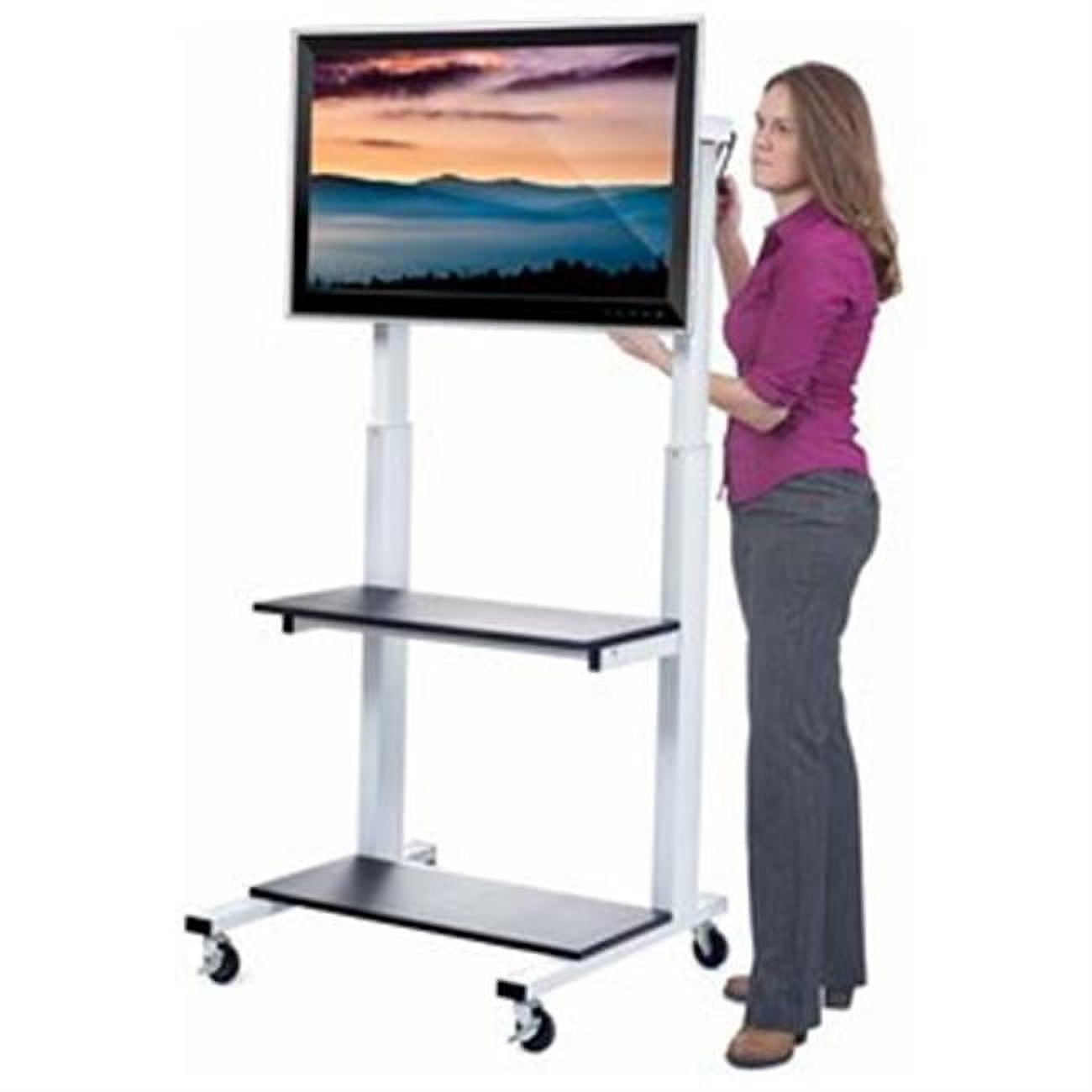 Crank Adjustable Mobile TV Cart with Dual Shelves, White & Black
