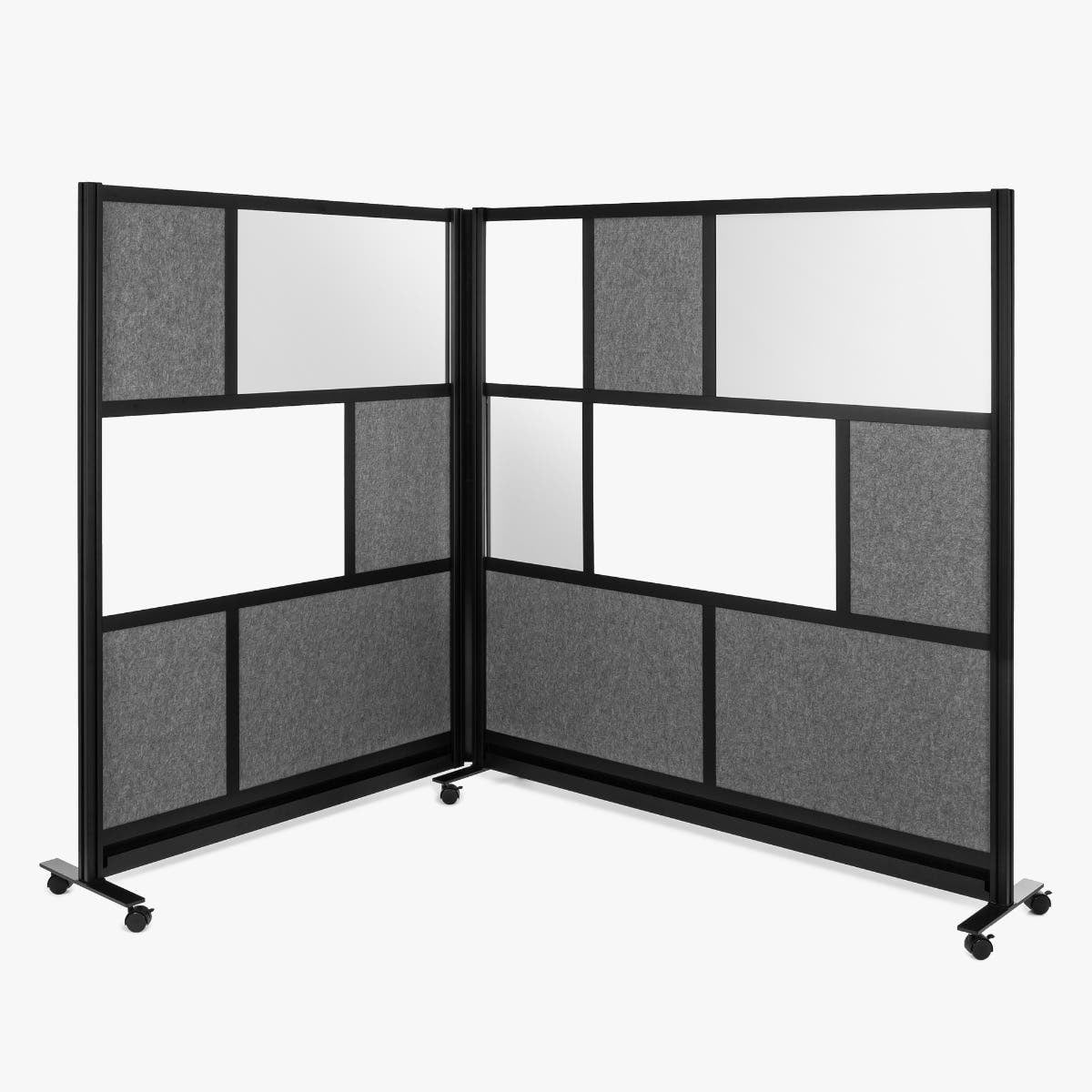 Luxor Workflow Modular Wall Bundle with 2 Walls + Hinge + Casters, 70" x 70" & 53" x 70", Black, Freestanding