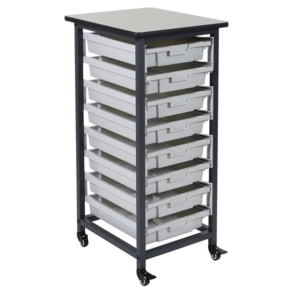 LUXOR MBS-SR-8S Mobile Bin Storage Unit - Single Row with Small Gray Bins