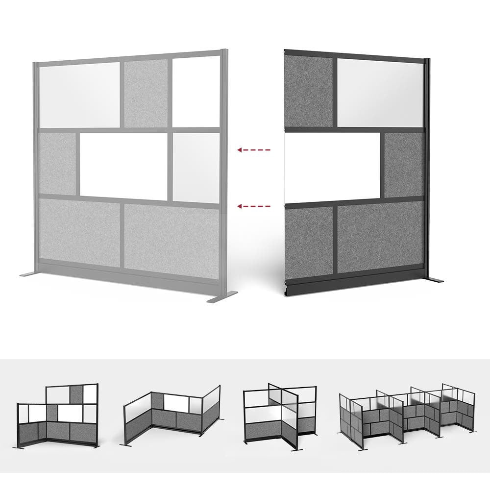 Luxor Modular Workflow Modular Wall Room Divider System - Black Frame - 53" x 70" Add-On Wall with Whiteboard, Freestanding