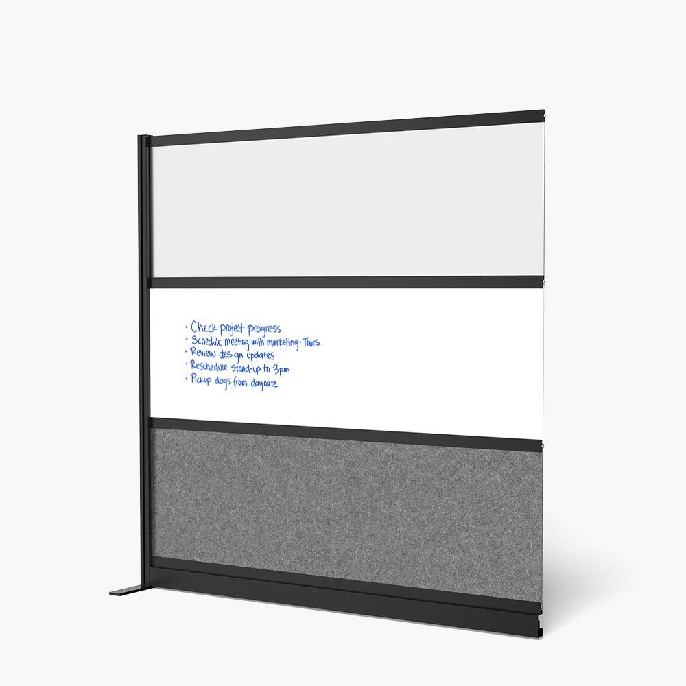 Luxor Workflow Modular Wall Room Divider System - Black Frame - 70" x 70" Wide Panel Add-On Wall with Whiteboard, Freestanding