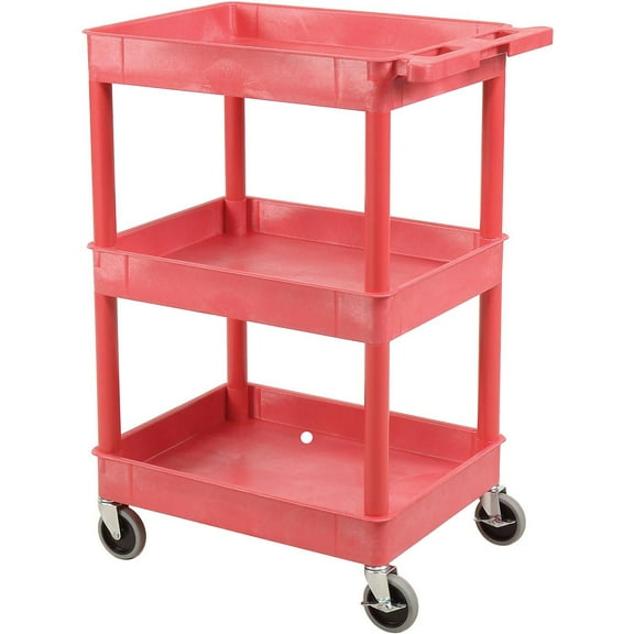 Luxor RDSTC111RD Red 3 Shelf Tray Shelf Plastic Cart 24 x 18
