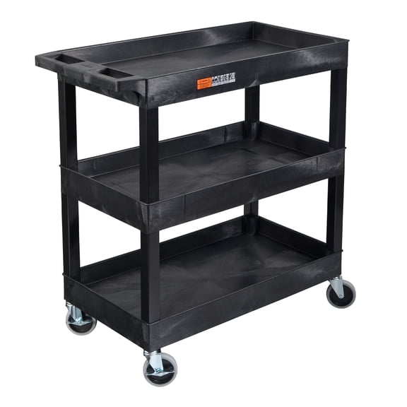 LUXOR Tuffy XL Three-Tier Multi-Purpose Utility Cart, 32" W x 18" D, Black, Tub Shelves