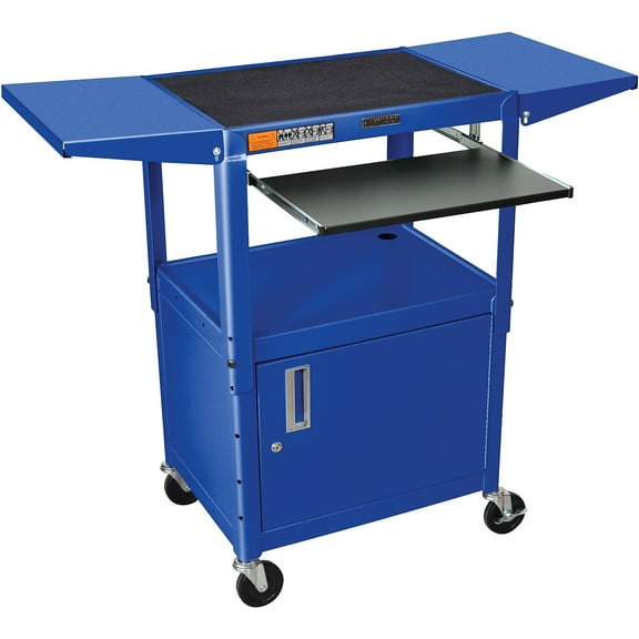 Luxor Adjustable Height Blue Metal A/V Cart w/ Pullout Keyboard Tray, Cabinet & 2 Drop Leaf Shelves