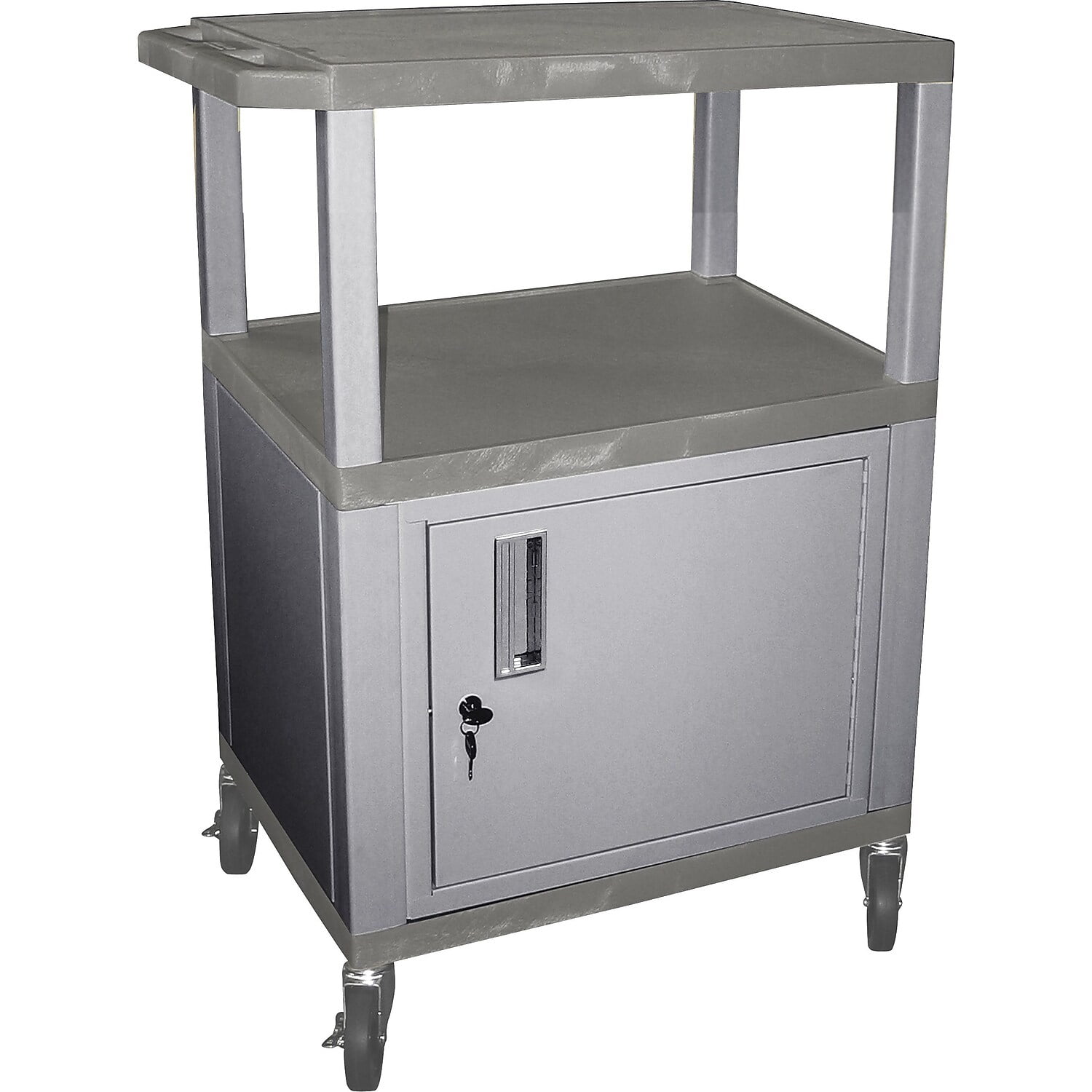 Gray Multi-Shelf AV Cart with Nickel Cabinet and Lockable Wheels