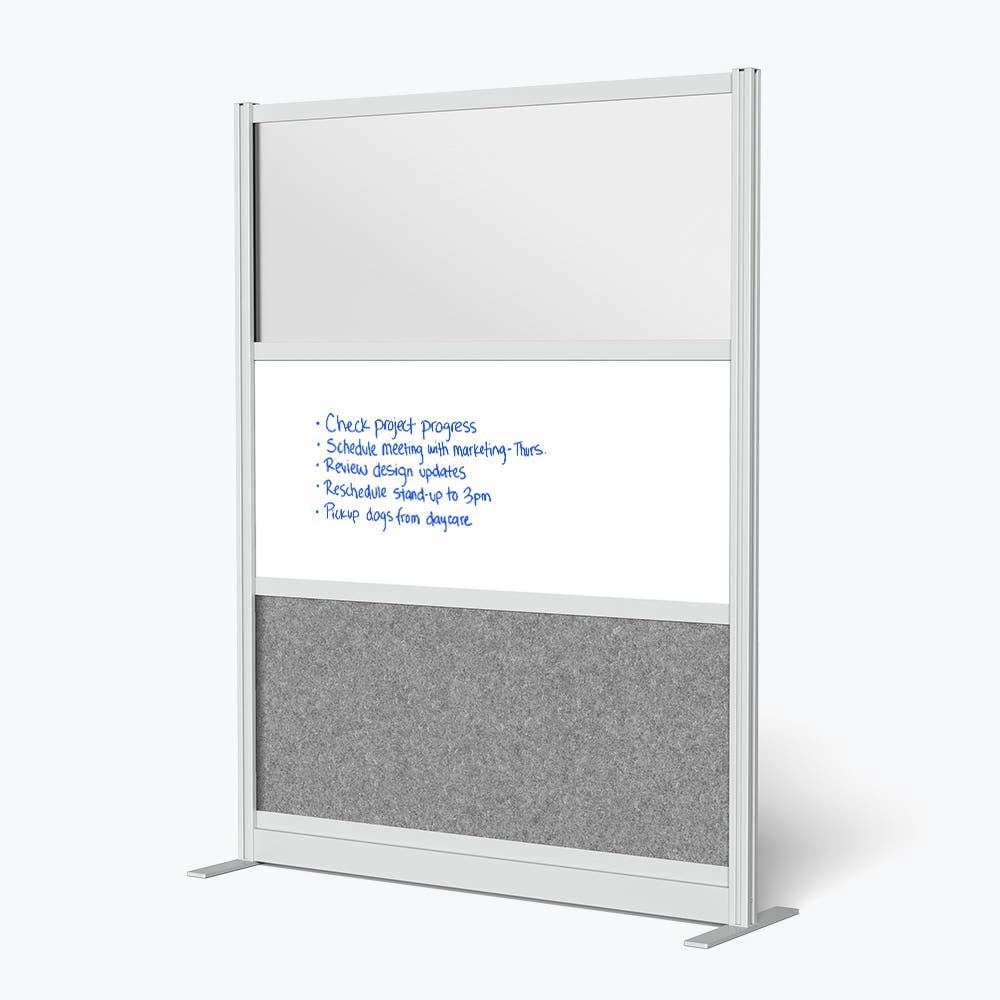 Luxor Workflow Modular Wall Room Divider System - Silver Frame - 53" x 70" Wide Panel Starter Wall with Whiteboard, Freestanding
