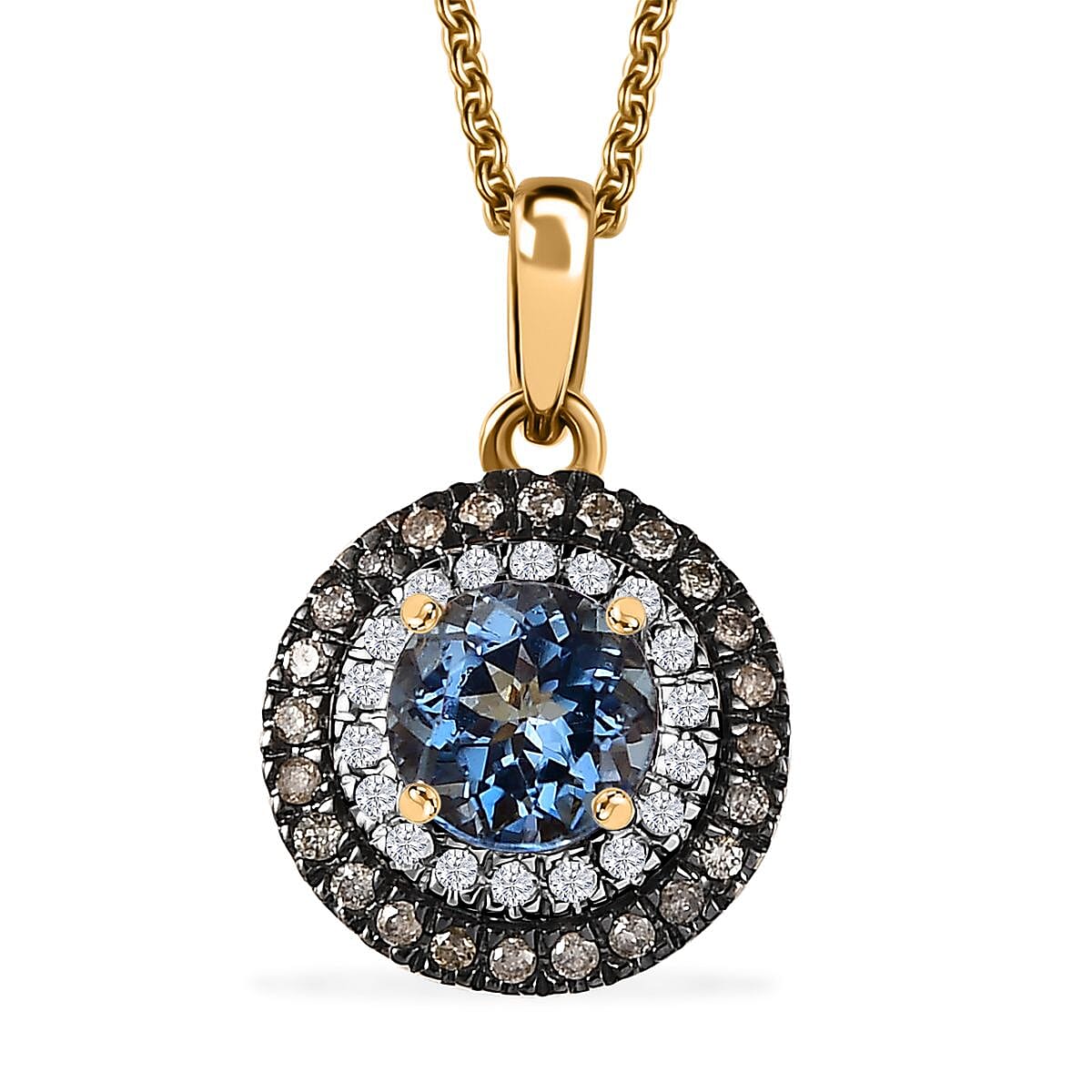 Luxoro AAA Blue Aquamarine Champagne Diamond Round 14K Yellow Gold Halo Pendant Necklace for Women Jewelry Gifts Size 20" Ct 1.3 I3 Clarity
