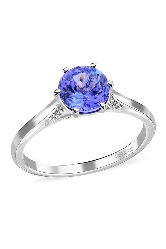 LUXORO AAA Blue Tanzanite White Diamond Round 14K White Gold Ring for Women Jewelry Size 7 Ct 2.27 G-H Color I3 Clarity Birthday Christmas Gifts