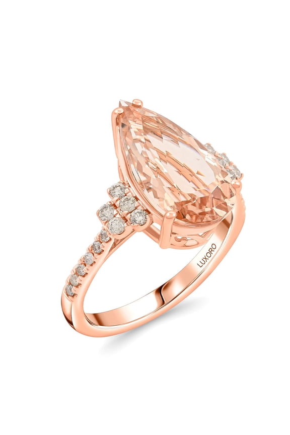 LUXORO AAA Morganite White Diamond Pear 14K Rose Gold Ring for Women Jewelry Birthday Gifts Size 7 Ct 5.38