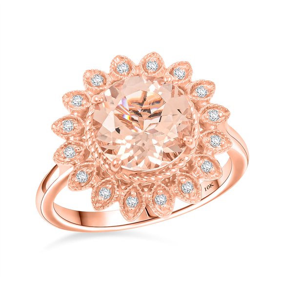 LUXORO AAA Morganite White Diamond Round 10K Rose Gold Ring for Women Jewelry Birthday Christmas Gifts Size 7 Ct 2.9 G-H Color I2 Clarity