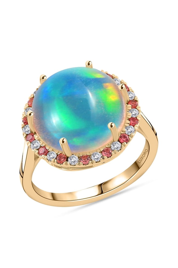 LUXORO AAA Opal Round 14K Yellow Gold Bridal Anniversary Halo Ring for Women Jewelry Birthday Christmas Gifts Size 7 Ct 6.03 G-H Color I2 Clarity