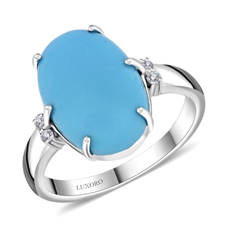 Luxoro AAA Sleeping Beauty Turquoise White Diamond Oval 10K White Gold Ring for Women Jewelry Birthday Gifts Size 7 Ct 4.11