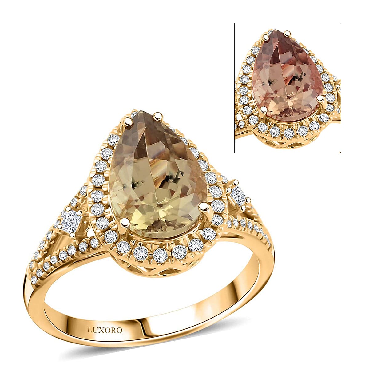 LUXORO AAA Turkizite White Diamond Pear 14K Yellow Gold Ring for Women Jewelry Birthday Christmas Gifts Size 7 Ct 3.5 G-H Color I2 Clarity