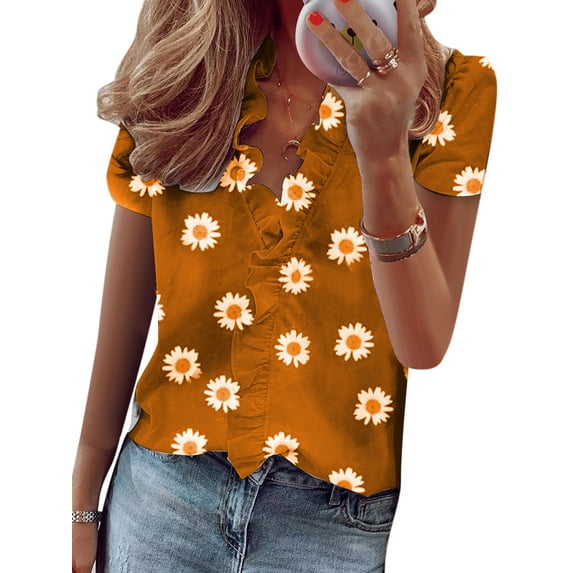 Luxplum Ladies Tops V Neck Shirts Short Sleeve Blouse Casual T-shirt Beach Tunic Shirt Daisy Yellow M