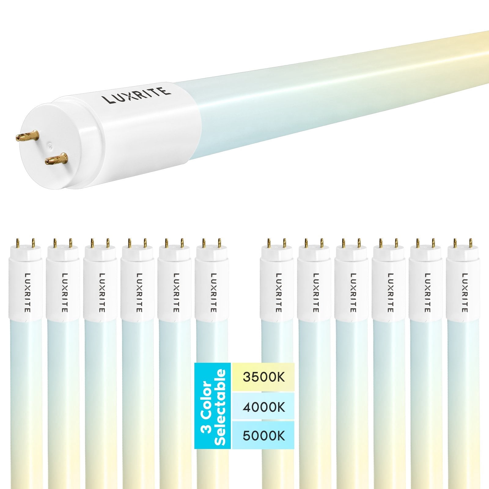 Luxrite 12-Pack 2FT T8 LED Tube Light, Type A+B, 8W=17W, 3 Colors 3500K 4000K 5000K, Single and Double End Powered, Plug and Play or Ballast Bypass, 960 Lumens, F17T8, Frosted Cover, UL, DLC