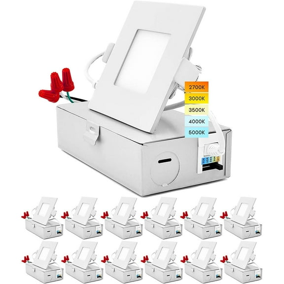 Luxrite 12-Pack 3 inch Square Ultra Thin LED Recessed Light with J-Box 8W 5 Color Selectable Dimmable 540 Lumens IC Rated