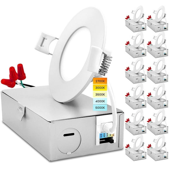 Luxrite 12-Pack 3 inch Ultra Thin LED Recessed Light with J-Box 8W 5 Color Selectable Dimmable 540 Lumens IC Rated