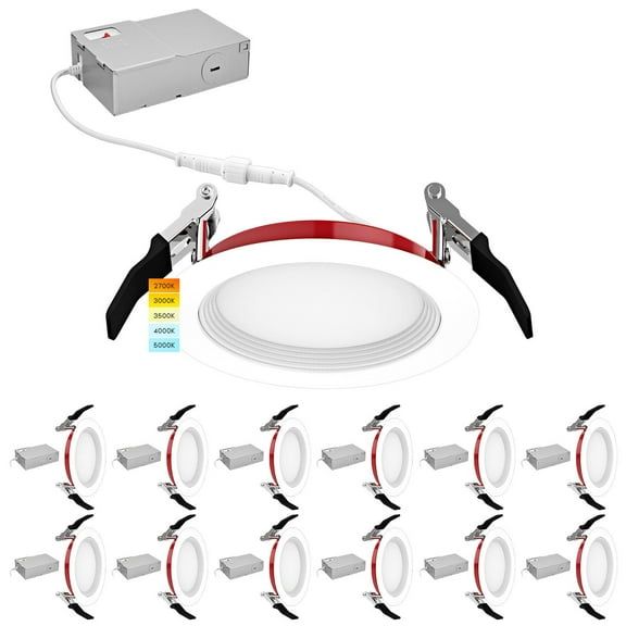 Luxrite 12-Pack 4 Inch LED Fire Rated Recessed Lights, 5CCT 2700K-5000K, 2 Hour Fire Rating, 800LM, Dimmable, Baffle, UL