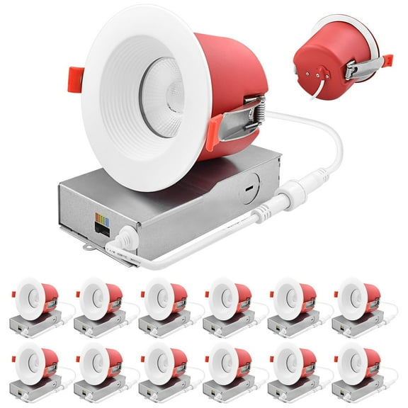 Luxrite 12-Pack 4 Inch LED Recessed Lights with J-Box, 5CCT 15W 1000 Lumens 38 Dimmable IC Rated Wet Rated ETL - Baffle Trim