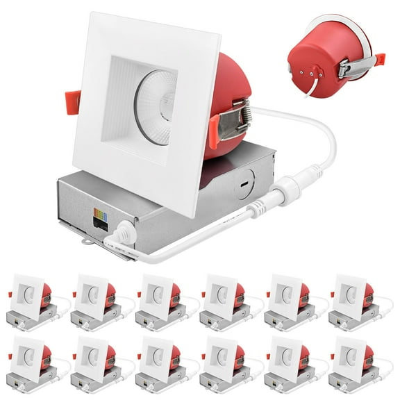 Luxrite 12-Pack 4 Inch Square LED Recessed Light J-Box 5CCT 15W 1000 Lumens 38 Dimmable IC Rated Wet Rated Baffle Trim