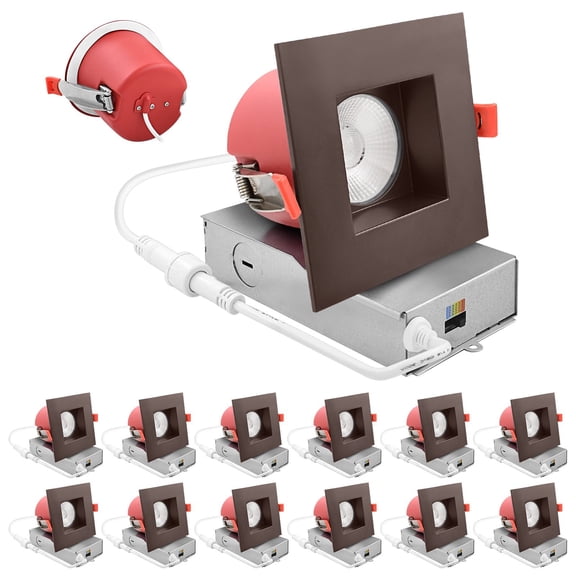 Luxrite 12-Pack 4 Inch Square LED Recessed Light J-Box 5CCT 15W 1000 Lumens 38 Dimmable IC Rated Wet Rated ETL - Bronze Trim