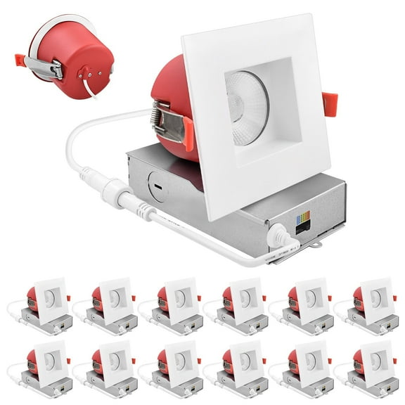 Luxrite 12-Pack 4 Inch Square LED Recessed Light J-Box, 5CCT 15W 1000 Lumens 60 Dimmable IC Rated Wet Rated ETL Smooth Trim