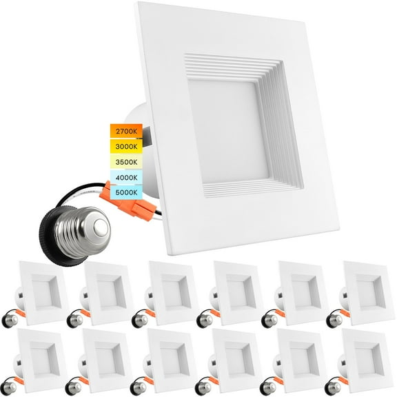 Luxrite 12-Pack 4 Inch Square Recessed LED Can Lights 5 Color Temperature Selectable Dimmable Wet Rated Baffle Trim