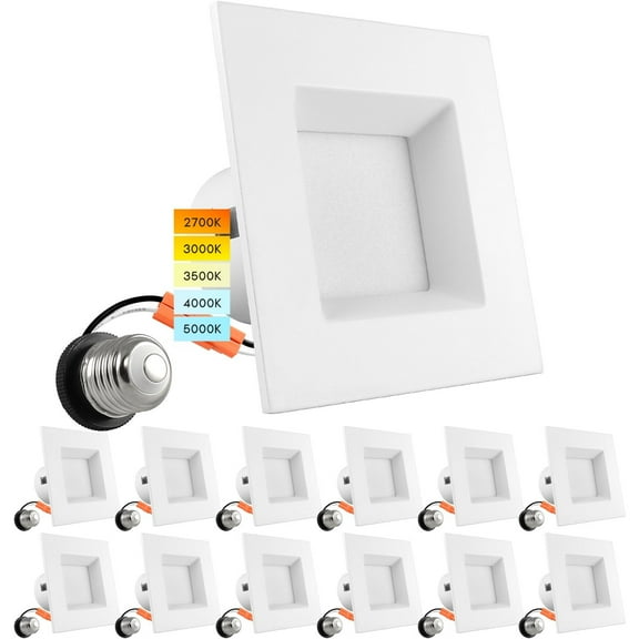 Luxrite 12-Pack 4 Inch Square Recessed LED Can Lights 5 Color Temperature Selectable Dimmable Wet Rated