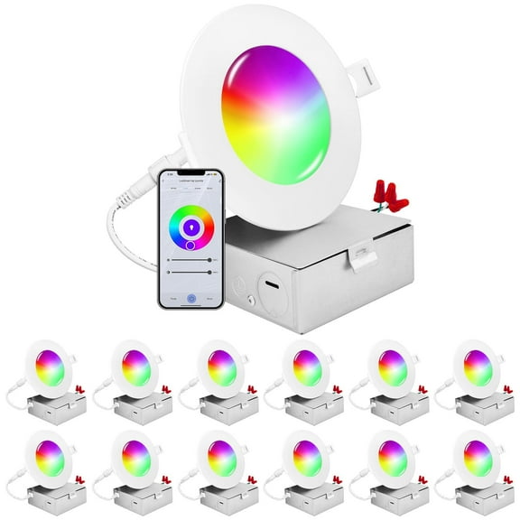 Luxrite 12-Pack 4 inch Smart LED Recessed Lighting, RGBW Color Changing, WiFi App and Voice Control, Alexa and Google Home