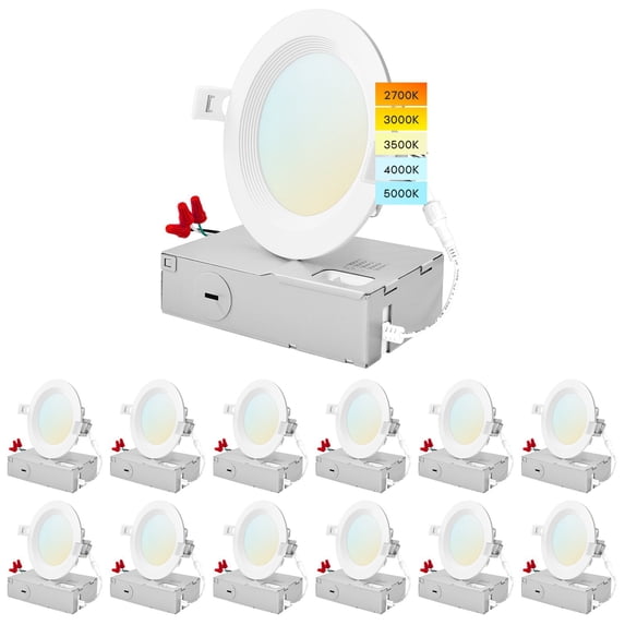 Luxrite 12 Pack 4 inch Ultra Thin LED Recessed Light J-Box 10.5W 5 Color Options Dimmable 750 Lumens Baffle IC Rated