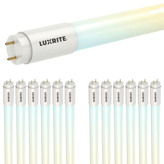 Luxrite 12-Pack 4FT T8 LED Tube Lights, 12W/15W/18W Tunable, 5CCT 3000K-6500K, Ballast Bypass, Up to 2250LM, UL, DLC