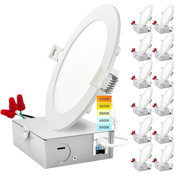 Luxrite 12 Pack 6" Ultra Thin LED Recessed Light with J-Box 12W 5 Color Selectable Dimmable 1000 Lumens IC Rated