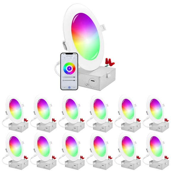 Luxrite 12-Pack 6 inch Smart LED Recessed Lighting, RGBW Color Changing, WiFi App and Voice Control, Alexa and Google Home