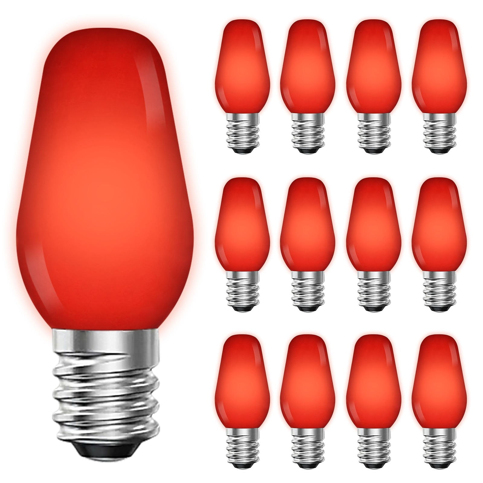 Luxrite 12-Pack C7 LED Red Replacement Light Bulbs for String Lights 0.5W Colored Bulb Enclosed Fixture Rated UL E12 Indoor Outdoor